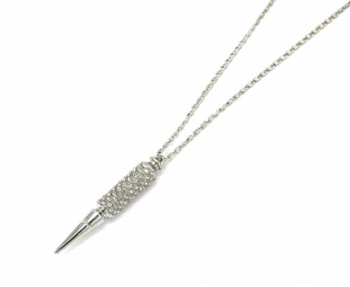 Sautoir-Collier-Pendentif-Munition-Balle-Strass-et-Pointe-Metal-Argente