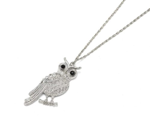 Sautoir-Collier-Pendentif-Chouette-Hibou-Relief-Metal-Argente