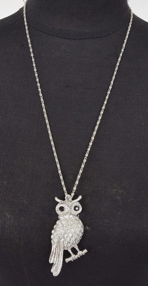 Sautoir-Collier-Pendentif-Chouette-Hibou-Relief-Metal-Argente