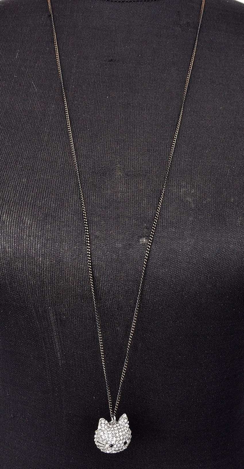 Cl349 Sautoir Collier Chaine Metal Noir Pendentif Tete Chat Chaton Strass Argente Oh My Shop