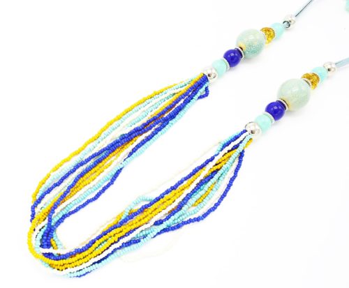 Sautoir-Collier-Multi-Rangs-Boules-Ceramique-et-Perles-Rocaille-Bleu-Jaune