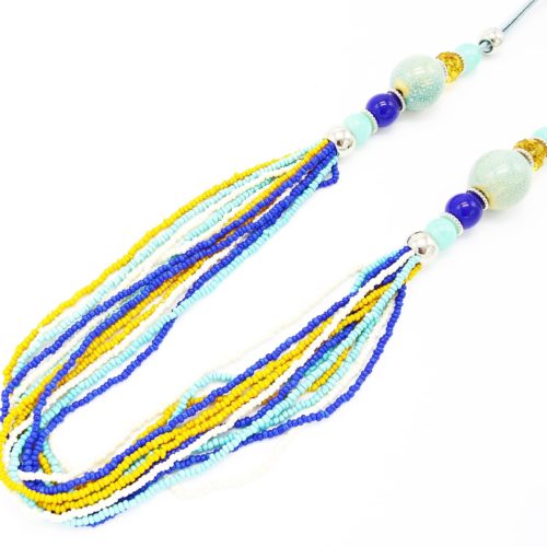 Sautoir-Collier-Multi-Rangs-Boules-Ceramique-et-Perles-Rocaille-Bleu-Jaune