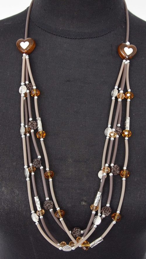 Sautoir-Collier-Multi-Rangs-Coeurs-Perles-et-Pompons-Metal-Marron