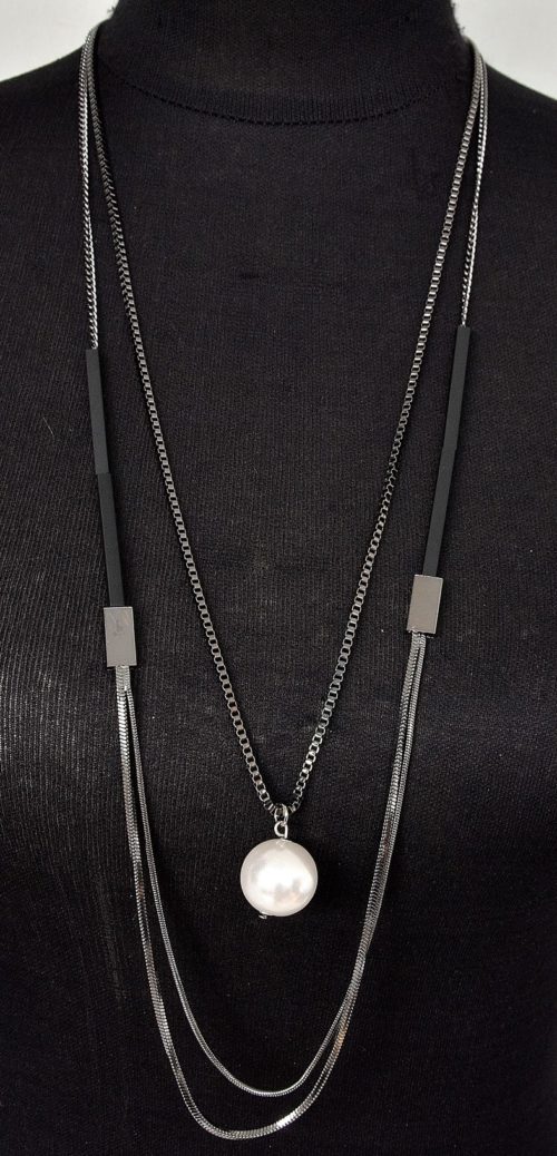 Sautoir-Collier-Double-Rangs-Metal-Gris-avec-Tubes-Rectangles-et-Perle-Nacre