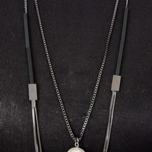 Sautoir-Collier-Double-Rangs-Metal-Gris-avec-Tubes-Rectangles-et-Perle-Nacre