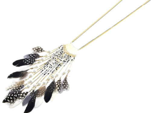 Sautoir-Collier-Pendentif-Cascade-de-Perles-Tubes-Metal-et-Plumes-Ethnique-Grises