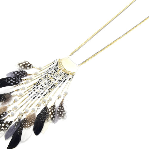 Sautoir-Collier-Pendentif-Cascade-de-Perles-Tubes-Metal-et-Plumes-Ethnique-Grises