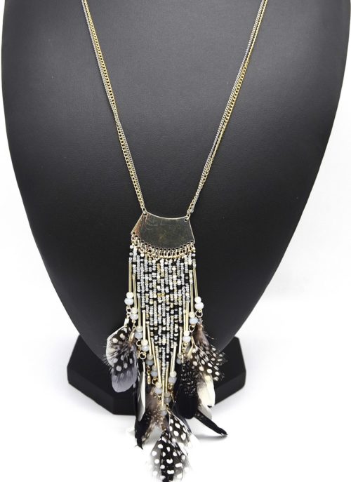 Sautoir-Collier-Pendentif-Cascade-de-Perles-Tubes-Metal-et-Plumes-Ethnique-Grises