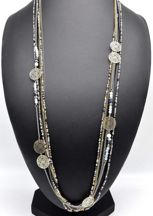 Sautoir-Collier-Multi-Chaines-Metal-Perles-et-Charms-Arabesques-Metal-GrisDore