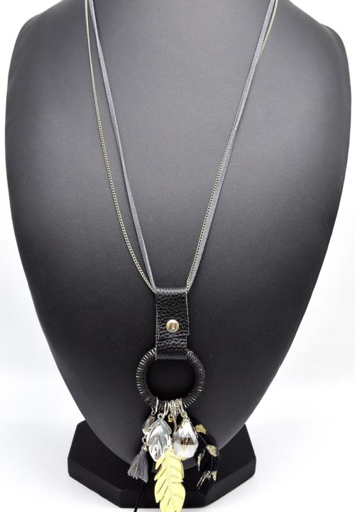 Sautoir-Collier-Cordon-et-Cercle-Charms-Plumes-Ethnique-Noir