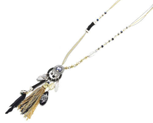 Sautoir-Collier-Multi-Chaines-Metal-Pierres-et-Charms-Ethnique-Noir-Dore