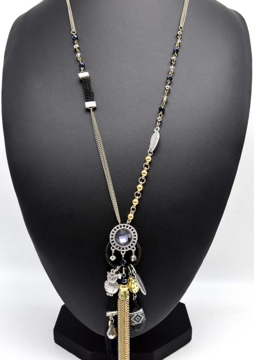 Sautoir-Collier-Multi-Chaines-Metal-Pierres-et-Charms-Ethnique-Noir-Dore