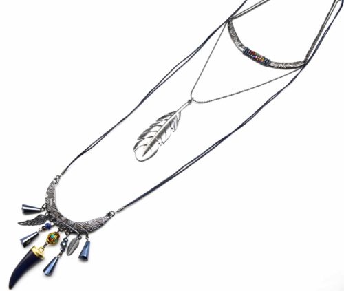 Sautoir-Collier-Triple-Rangs-Torque-et-Plume-Metal-avec-Charms-Ethnique-Bleu-Gris