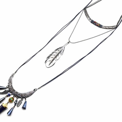 Sautoir-Collier-Triple-Rangs-Torque-et-Plume-Metal-avec-Charms-Ethnique-Bleu-Gris