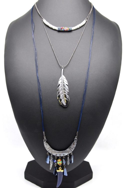 Sautoir-Collier-Triple-Rangs-Torque-et-Plume-Metal-avec-Charms-Ethnique-Bleu-Gris