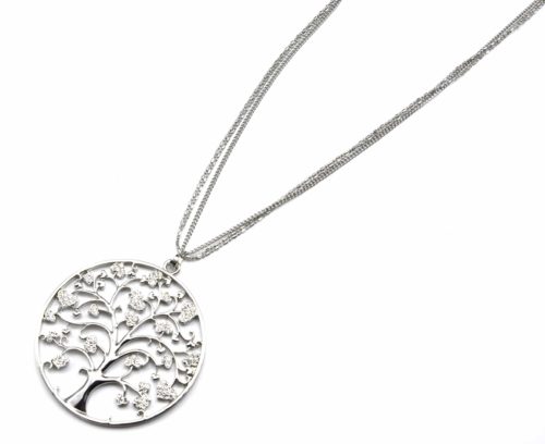 Sautoir-Collier-Multi-Chaines-Pendentif-Cercle-Arbre-de-Vie-Ajoure-Strass-et-Metal-Argente