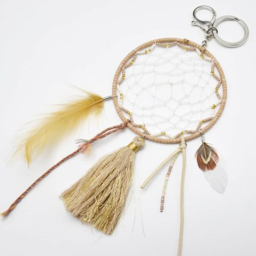 Porte-Cles-Bijou-de-Sac-Attrape-Reves-Feutrine-avec-Perles-Pompon-et-Plumes-Beige