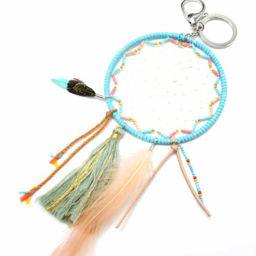 Porte-Cles-Bijou-de-Sac-Attrape-Reves-Feutrine-avec-Perles-Pompon-et-Plumes-Turquoise