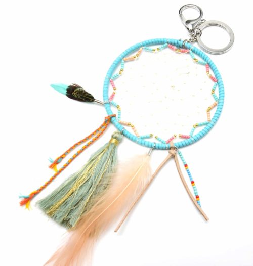 Porte-Cles-Bijou-de-Sac-Attrape-Reves-Feutrine-avec-Perles-Pompon-et-Plumes-Turquoise