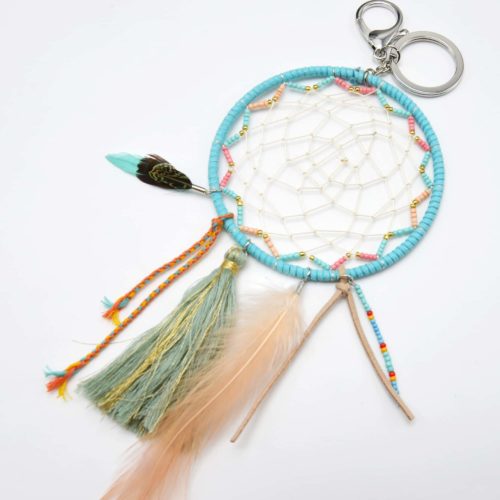 Porte-Cles-Bijou-de-Sac-Attrape-Reves-Feutrine-avec-Perles-Pompon-et-Plumes-Turquoise