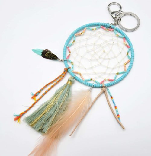 Porte-Cles-Bijou-de-Sac-Attrape-Reves-Feutrine-avec-Perles-Pompon-et-Plumes-Turquoise