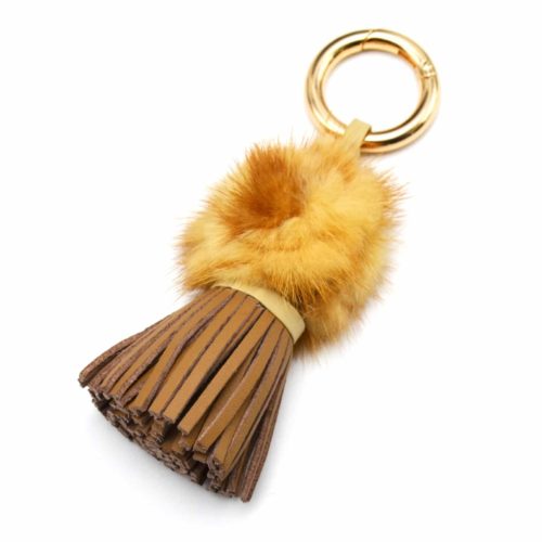 Porte-Cles-Bijou-de-Sac-Boule-Fourrure-et-Pompon-Franges-Cuir-Camel