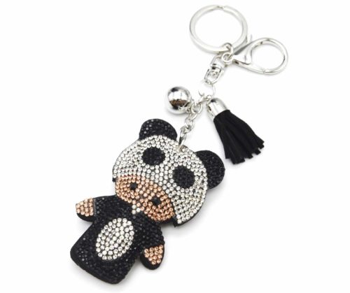 Porte-Cles-Bijou-de-Sac-Bebe-Panda-XXL-Strass-Bicolore-et-Feutrine-Noir-Argente