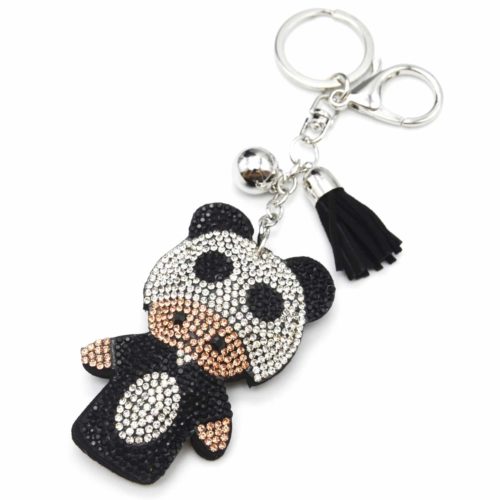 Porte-Cles-Bijou-de-Sac-Bebe-Panda-XXL-Strass-Bicolore-et-Feutrine-Noir-Argente