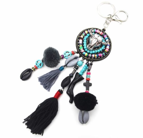 Porte-Cles-Bijou-de-Sac-Cercle-Buffle-Metal-Multi-Pieces-Perles-Turquoise-et-Pompons-Noir-Gris