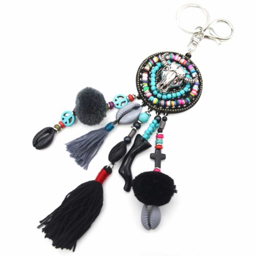 Porte-Cles-Bijou-de-Sac-Cercle-Buffle-Metal-Multi-Pieces-Perles-Turquoise-et-Pompons-Noir-Gris