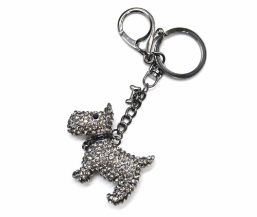 Porte-Cles-Bijou-de-Sac-Chien-Metal-Strass-Gris-avec-Grelot