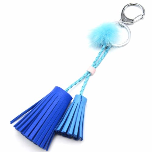 Porte-Cles-Bijou-de-Sac-Boule-Fourrure-et-Double-Pompons-Franges-Bleu-RoiBleu-Ciel