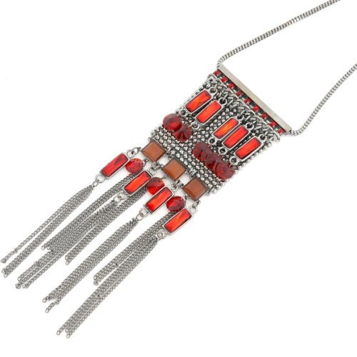 Sautoir-Collier-Pendentif-Franges-Style-Ethnique-Metal-Gris-et-Pierres-Rouges