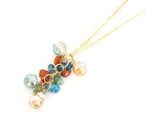 Sautoir-Collier-Metal-Dore-Pendentif-Grappe-de-Boules-a-Facettes-et-Perles-Multicolore