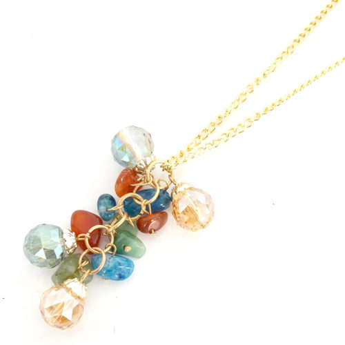 Sautoir-Collier-Metal-Dore-Pendentif-Grappe-de-Boules-a-Facettes-et-Perles-Multicolore