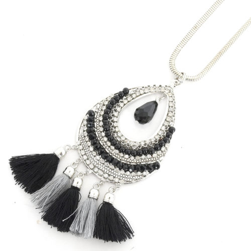 Sautoir-Collier-Pendentif-Goutte-Style-Ethnique-Metal-Argente-avec-Pompons-NoirGris