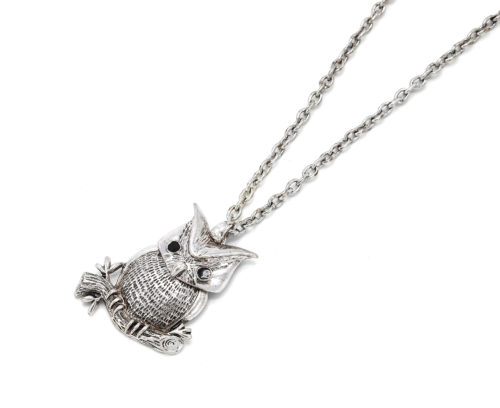 Sautoir-Collier-Pendentif-Chouette-Hibou-sur-Branche-Metal-Vieilli-Argente