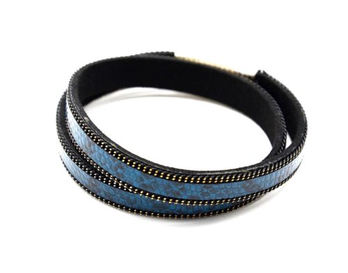 Bracelet-Aimante-Double-Tour-Motif-Ecailles-Bleu-Contour-Chaine-Metal-Noir