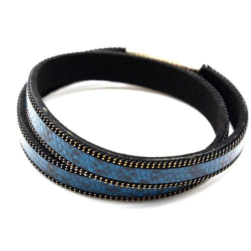 Bracelet-Aimante-Double-Tour-Motif-Ecailles-Bleu-Contour-Chaine-Metal-Noir