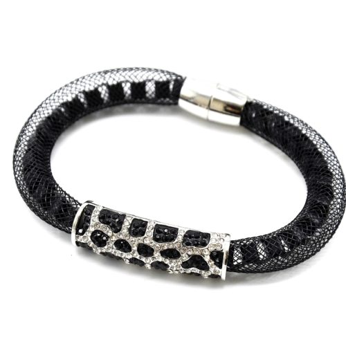 Bracelet-Aimante-Tube-Resille-avec-Ornement-Motif-Animal-Strass-NoirArgente