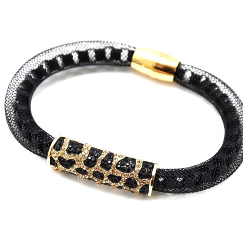 Bracelet-Aimante-Tube-Resille-avec-Ornement-Motif-Animal-Strass-NoirDore