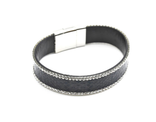 Bracelet-Aimante-Bande-Motif-Ecailles-Noir-Contour-Strass-Argente