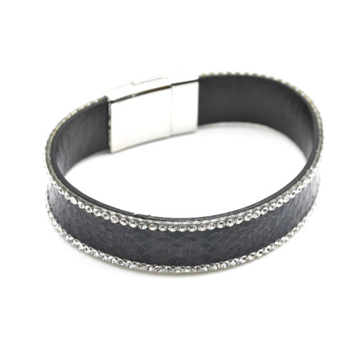 Bracelet-Aimante-Bande-Motif-Ecailles-Noir-Contour-Strass-Argente