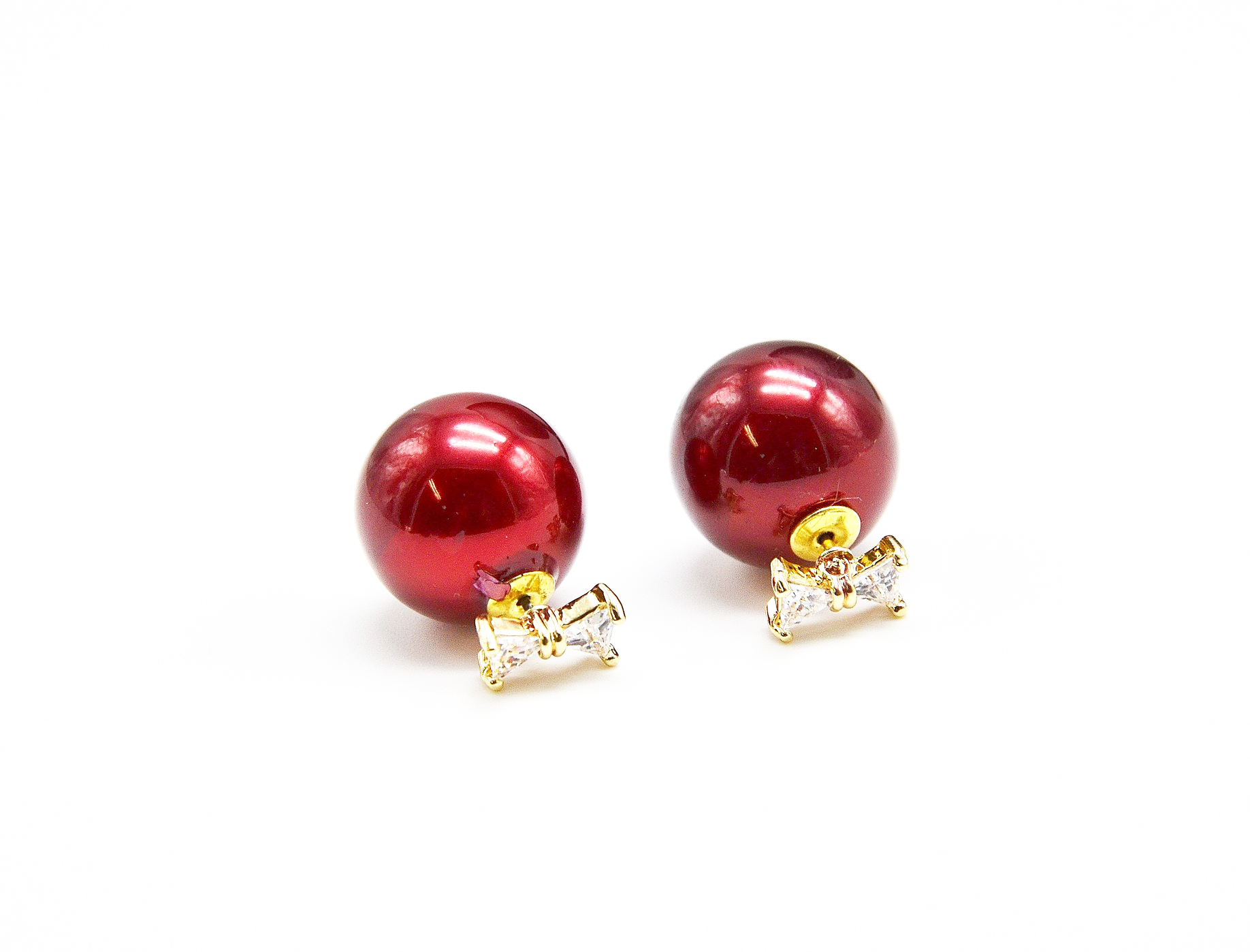 BO229 - Boucles d'Oreilles Double Perles - Noeud Zirconium et Perle Rouge -  Mode Fantaisie