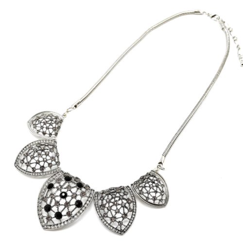 Collier-Plastron-Pendentif-5-Petales-Fleur-Metal-Strass-ArgenteNoir