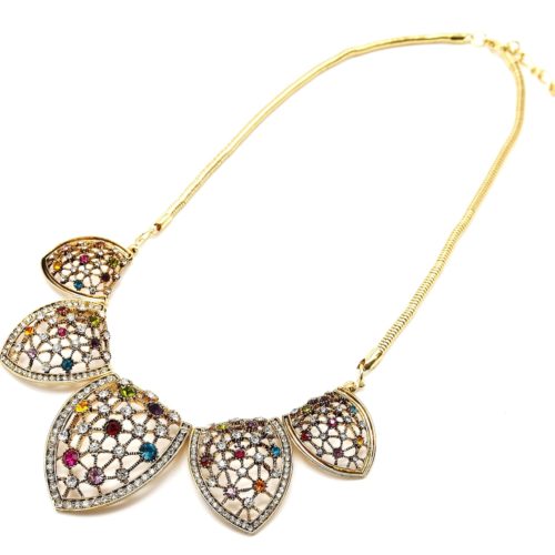 Collier-Plastron-Pendentif-5-Petales-Fleur-Metal-Strass-DoreMulticolore