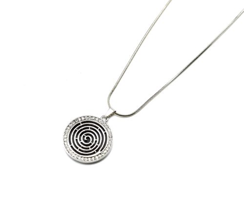 Collier-Pendentif-Spirale-Noire-Contour-Strass-Metal-Argente