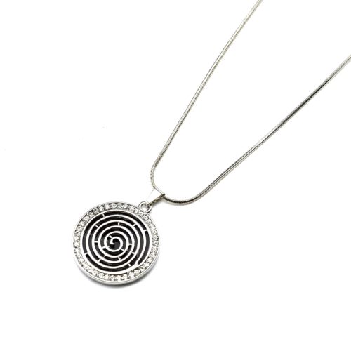 Collier-Pendentif-Spirale-Noire-Contour-Strass-Metal-Argente