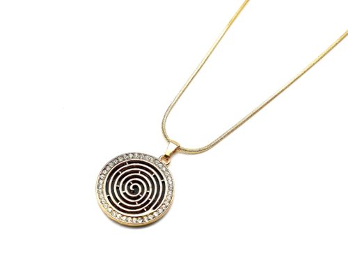 Collier-Pendentif-Spirale-Noire-Contour-Strass-Metal-Dore