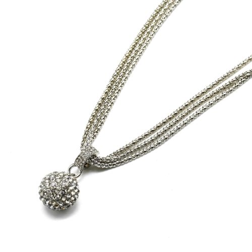 Collier-Triple-Chaine-Metal-Pendentif-Boule-Strass-Metal-Argente